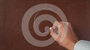 Textured brown chalkboard background. Male hand drawing a euro symbol on the board with a piece of white chalk in close