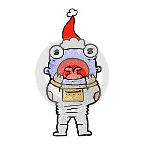 textured cartoon of a alien gasping in surprise wearing santa hat