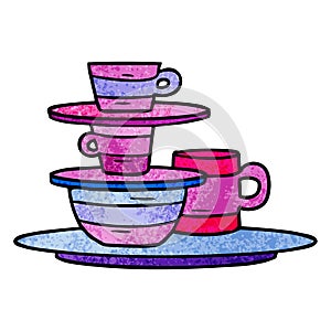 textured cartoon doodle of colourful bowls and plates