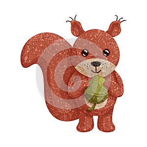 Textured cartoon illustration of a  funny  squirrel  with acorn