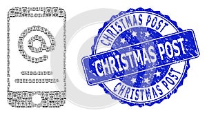 Textured Christmas Post Round Watermark and Recursive Smartphone Address Info Icon Composition