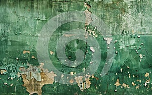 Textured close-up of an old green painted wall, with extensive peeling and cracks forming an abstract pattern.