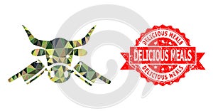 Textured Delicious Meals Stamp Seal and Butchery Polygonal Mocaic Military Camouflage Icon