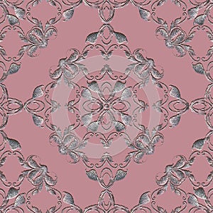 Textured elegance tapestry 3d Baroque vector seamless pattern. Luxury ornamental pink background. Silver embroidery