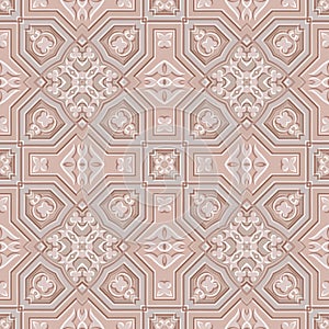 Textured emboss floral 3d seamless pattern. Beige arabesque embossed vector background. Repeat arabic ornamental backdrop. Floral