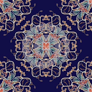 Textured embroidery style Baroque seamless pattern. Vector dark blue background. Colorful embroidered Baroque Damask vintage