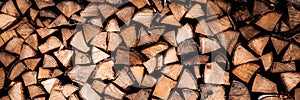 Textured firewood background of chopped wood for kindling and heating the house. a woodpile with stacked firewood. the texture of