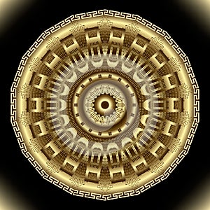 Textured floral 3d gold mandala pattern. Abstract vector background. Modern backdrop with lines, circles, greek frame. Golden
