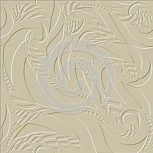 Textured floral 3d seamless pattern. Embossed light vector background. Repeat floral emboss backdrop. Vintage grunge leaves, lines