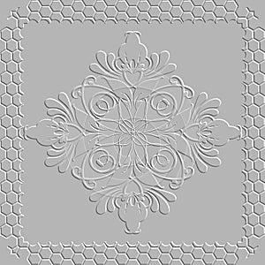 Textured floral vector 3d seamless pattern. White embossed background. lacy square frame, border. Repeat relief backdrop. Vintage