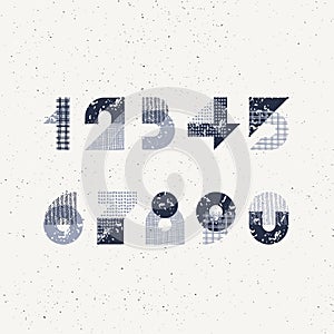 Textured geometry shapes and hand drawn patterns decorative numerals, vector monochromatic graphical figures and numbers