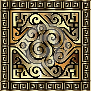 Textured gold 3d shiny seamless pattern with square ancient greek key meander frames, border. Ornamental trendy vector background