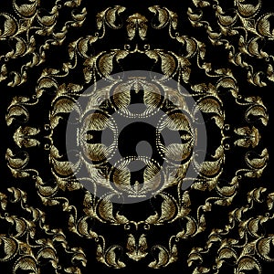 Textured gold 3d tapestry Baroque seamless pattern. Vector ornamental embroidered background. Repeat floral backdrop