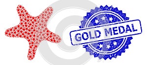 Textured Gold Medal Stamp and Fractal Bent Star Icon Mosaic