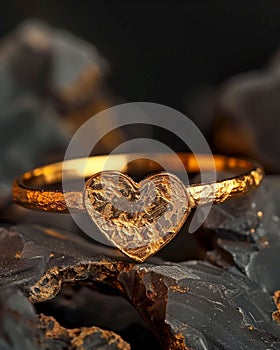 Textured Golden Heart Ring on a Moody Background. Generative ai