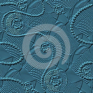 Textured greek 3d vector seamless pattern. Ornamental abstract surface embossed background. Geometric radial lines. grid, fractals