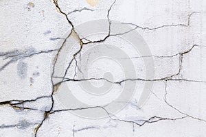 Textured grey white, concrete wall with many cracks and grungy, rough painted, detail. Design element abstract background with hol