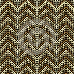 Textured grid lattice zigzag gold 3d seamless pattern. Vector ornamental lace chevron background. Repeat patterned zig zag lines