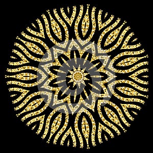 Textured grunge glittery gold flower mandala pattern. Vector ornamental golden glitters background. Luxury modern round floral