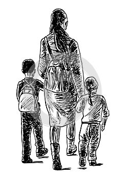 Textured hand drawing of mother with little children walking for a stroll