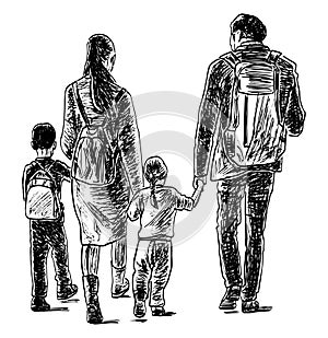 Textured hand drawing of silhouettes family of townspeople walking outdoors together