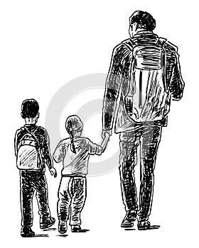 Textured hand drawing of silhouettes father with little children walking outdoors for a stroll