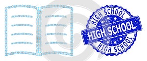 Textured High School Round Stamp and Recursive Open Book Icon Composition