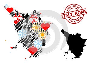 Textured Italy, Rome Badge and Heart Demographics Covid-2019 Treatment Mosaic Map of Tuscany Region