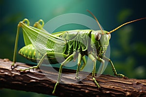 Textured leaf hosts a vibrant green grasshopper, ideal for text