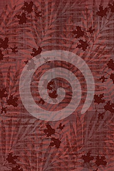 Textured maple leaf and palm frond Japanese style cloth design background in indigo red overdye