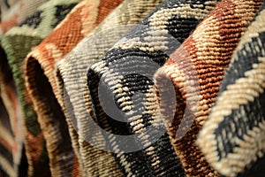 Textured Navajo woven textile, hand-loomed wool fabric in earthy tones with bold zigzag patterns. photo