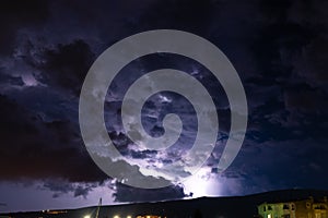 Textured night sky with bright lightning. Global warming