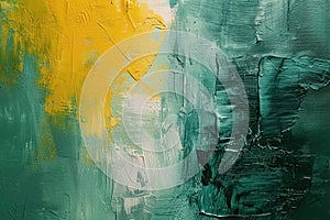 Textured oil painting on canvas, deep green and yellow acrylic paint strokes, spots and brushstrokes create with depth
