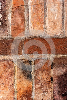 Textured old abandoned building wall of weathered red bricks