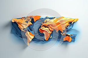 Textured orange and blue world map on white background. Minimal art line. Paper map. Globe Earth. Cartography concept