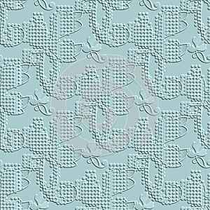 Textured polka dot 3d seamless pattern. Floral vector light blue grunge background. Embossed abstract flowers, leaves with circles