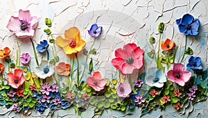 A textured poster of vibrant anemones and other blossoms in full bloom, offering a rich palette of colors and an inviting natural