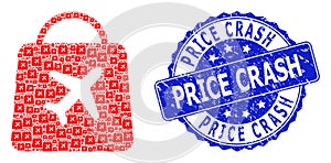 Textured Price Crash Round Seal Stamp and Recursive Airport Shopping Icon Collage