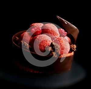 Textured red raspberry dessert with fresh berries, microwave sponge and chocolate spiral border