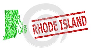 Textured Rhode Island Watermark and Green Customers and Dollar Mosaic Map of Rhode Island State