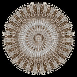 Textured round greek vector mandala pattern. Wood style texture. Ornamental elegant geometric background. Radial circle