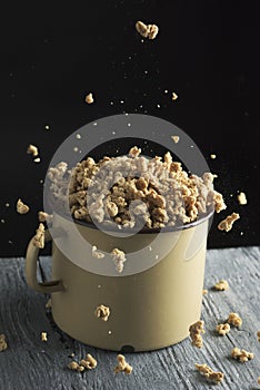 Textured soy protein in a beige pot