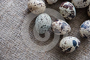 Textured spring background with small quail eggs on burlap background. Ecoproduct. Selective focus