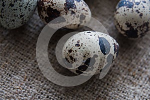 Textured spring background with small quail eggs on burlap background. Ecoproduct. Selective focus photo