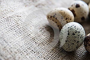 Textured spring background with small quail eggs on burlap background. Ecoproduct. Selective focus photo