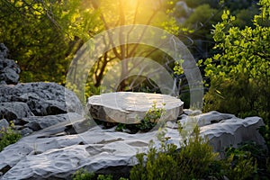 Textured stone podium, rock stand among green foliage and sun rays