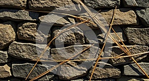 Textured stone wall with dry grass pattern in sunlight