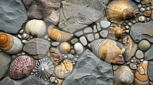Textured stone wall with embedded shells and organic patterns.