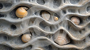 Textured stone wall with embedded shells and organic patterns.