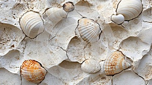 Textured stone wall with embedded shells and organic patterns.